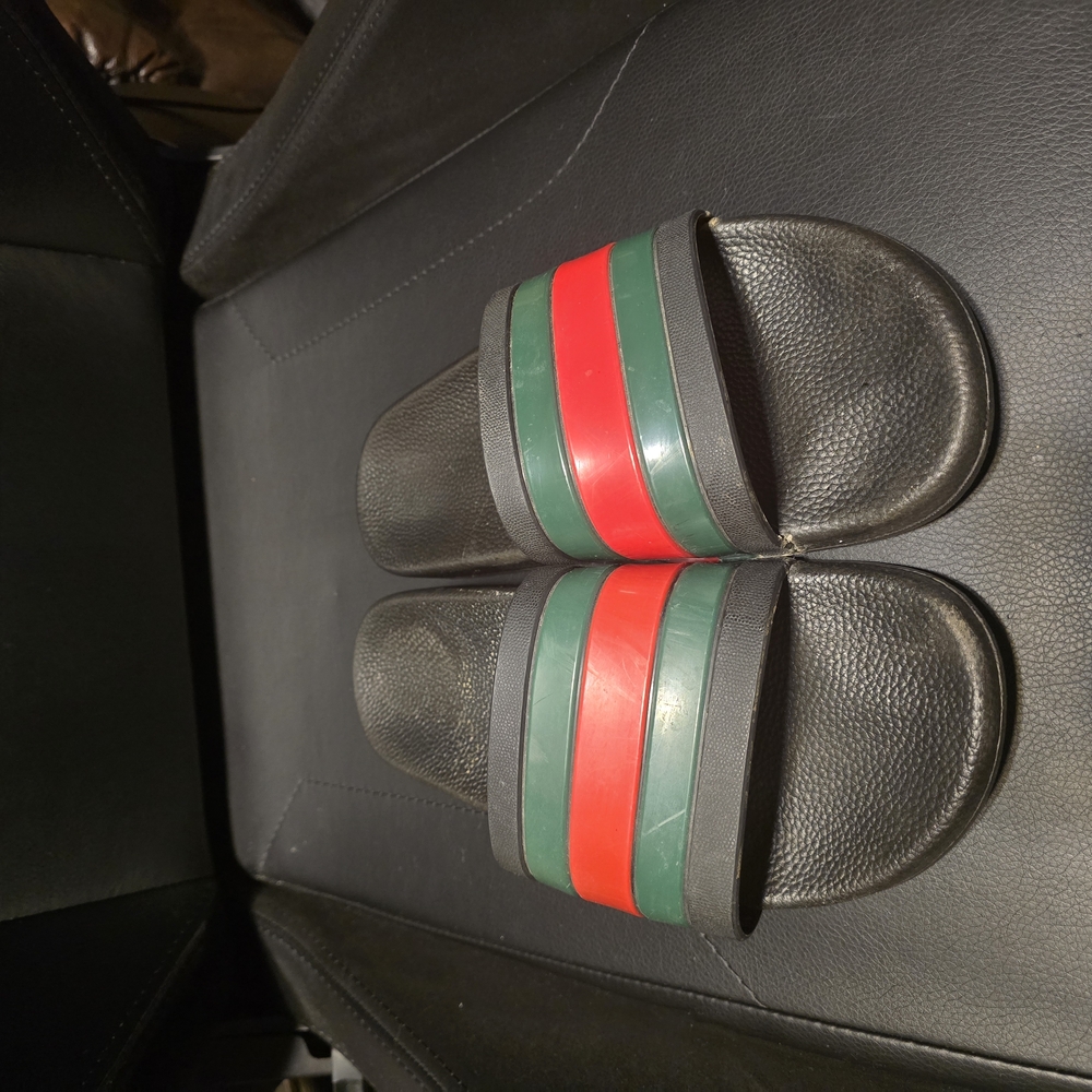 Men's Black Slide Sandals with Red and Green Stripes